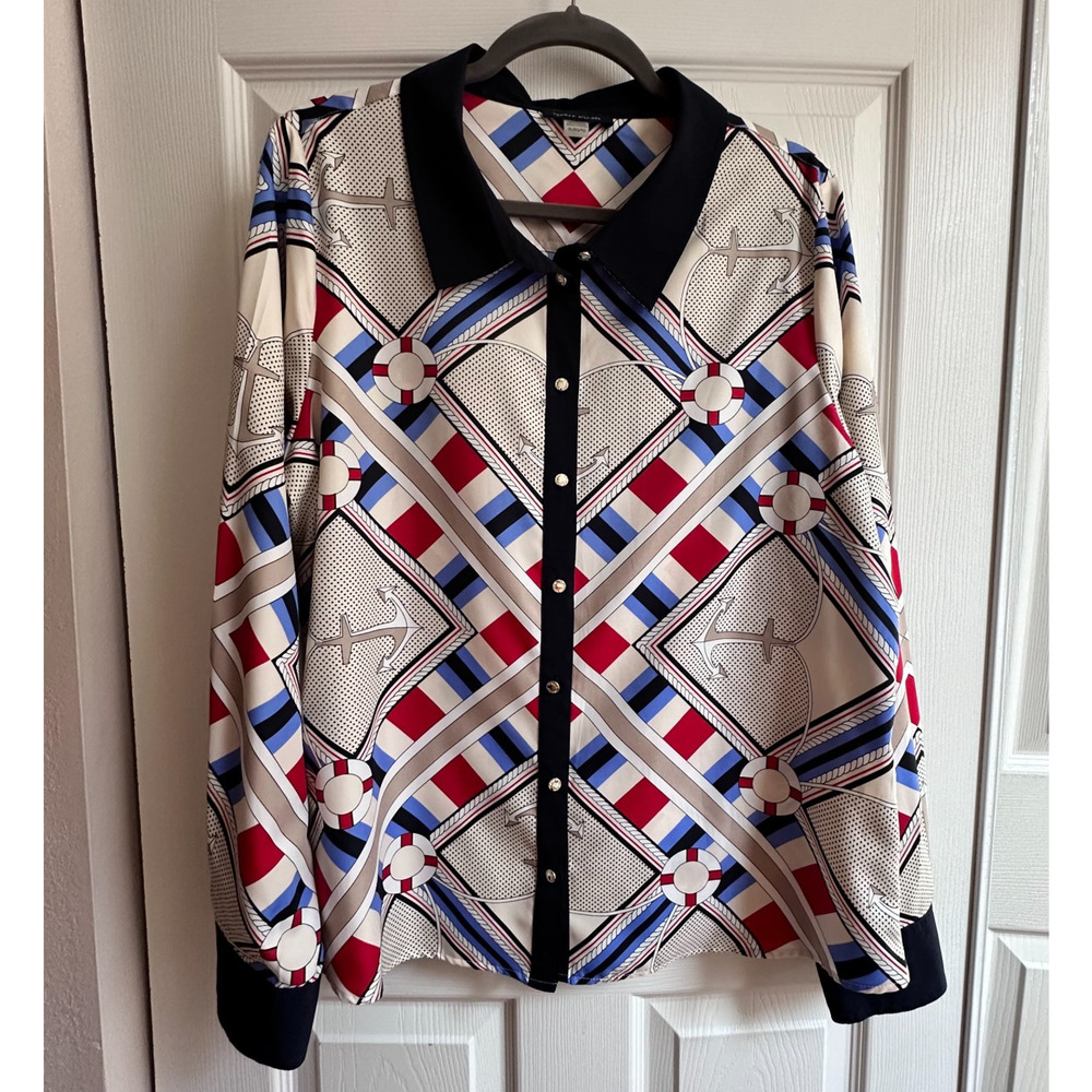 Tommy Hilfiger Womens XL Nautical Scarf Print Collared Button Up Silky Top